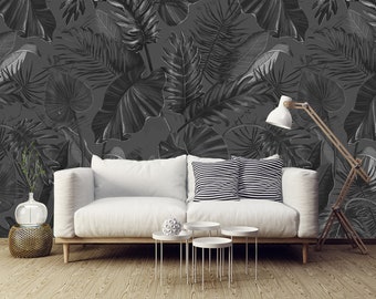 Gray wallpaper with tropical leaf pattern | Peel & Stick | Self adhesive | Repositionable, Removable wallpaper