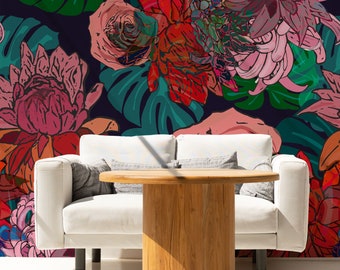 Tropical monstera leaves and roses | Peel & Stick | Self adhesive | Repositionable wallpaper | Removable wall mural