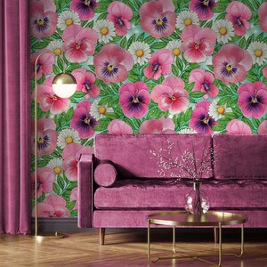 Carta da parati con fiori di campo, motivo estivo ad acquerello con viole del pensiero e margherite [carta adesiva staccabile o carta vinilica tradizionale]