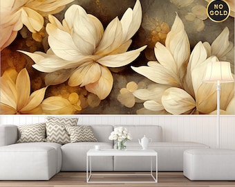 May include: A white couch with two gray and white patterned pillows sits in front of a wall with a large floral mural. The mural features beige and brown flowers with a textured, watercolor-like effect. The couch is in a living room setting with a white coffee table and a white lamp.