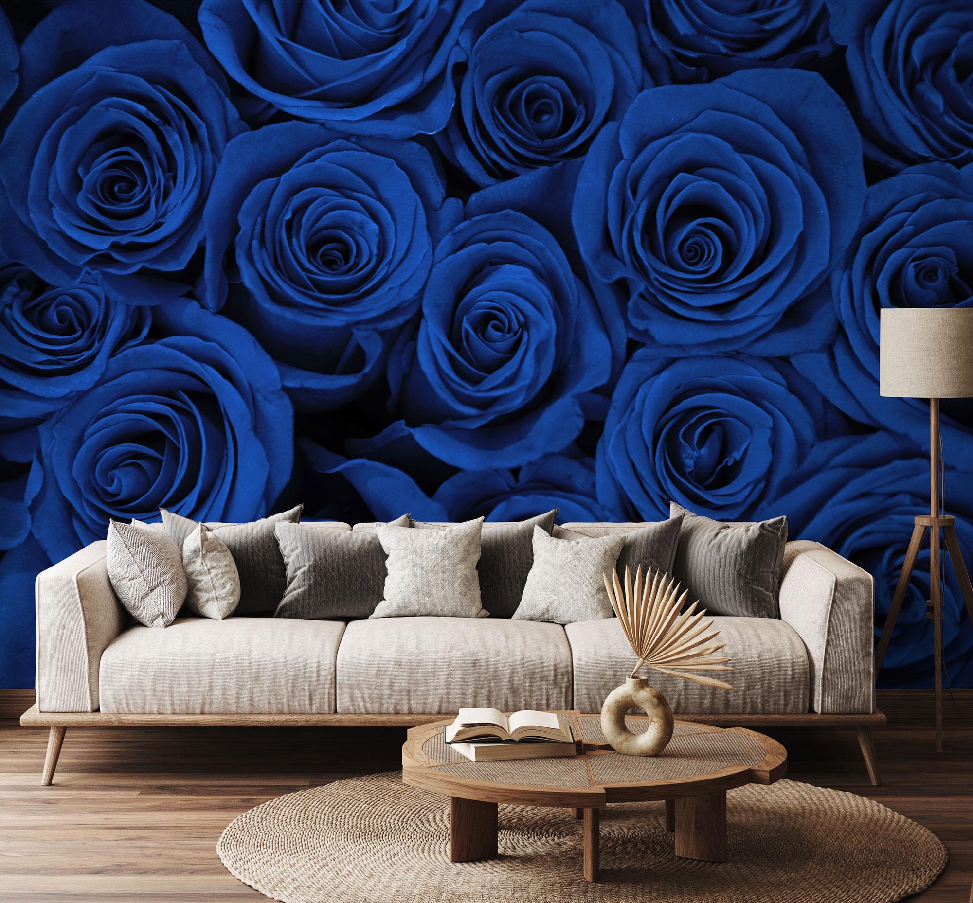 Royal blue rose wallpaper, dark botanical wall art, botanical home decor [Peel and Stick (self adhesive) or Traditional Vinyl Papers]