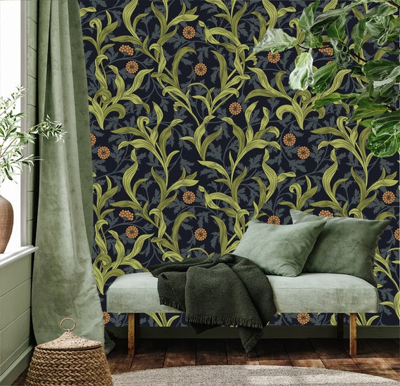 Floral Wallpaper With Green Leaves and Orange Flowers Dark | Etsy