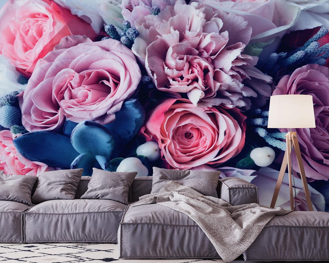 Pink Peony and Rose Wallpaper, Abstract Floral Wall Mural, Vintage Home ...