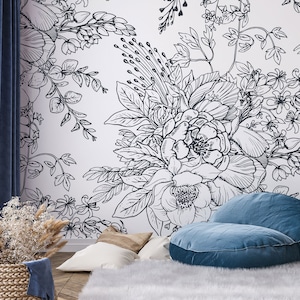 Flowers and plants wallpaper, black and white | Peel & Stick | Self adhesive | Repositionable, Removable wallpaper