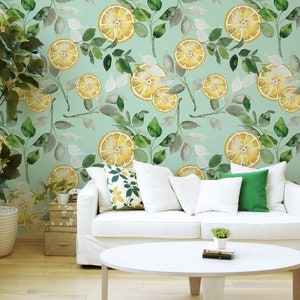 Watercolor green leaves and lemon pattern wallpaper | Peel & Stick | Self-adhesive | Repositionable, Removable wallpaper