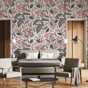 Vintage wallpaper with heliotrope pink garden wildflowers | Peel & Stick | Self adhesive | Repositionable, Removable wallpaper