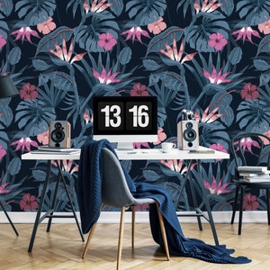 Dark exotic jungle with pink flowers | Self-adhesive | Repositionable wallpaper | Removable wall mural