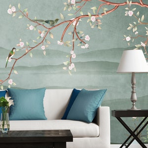 Faded green chinoiserie wallpaper with blooming tree and birds | Peel & Stick | Self adhesive | Repositionable, Removable wallpaper