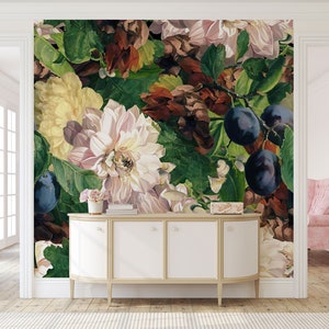 Dutch vintage retro peony peach wallpaper | Peel & Stick | Self adhesive | Repositionable wallpaper | Removable wall mural