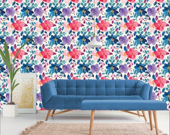 Watercolor pink, purple and blue blossom wallpaper | Peel & Stick | Self adhesive | Repositionable, Removable wallpaper