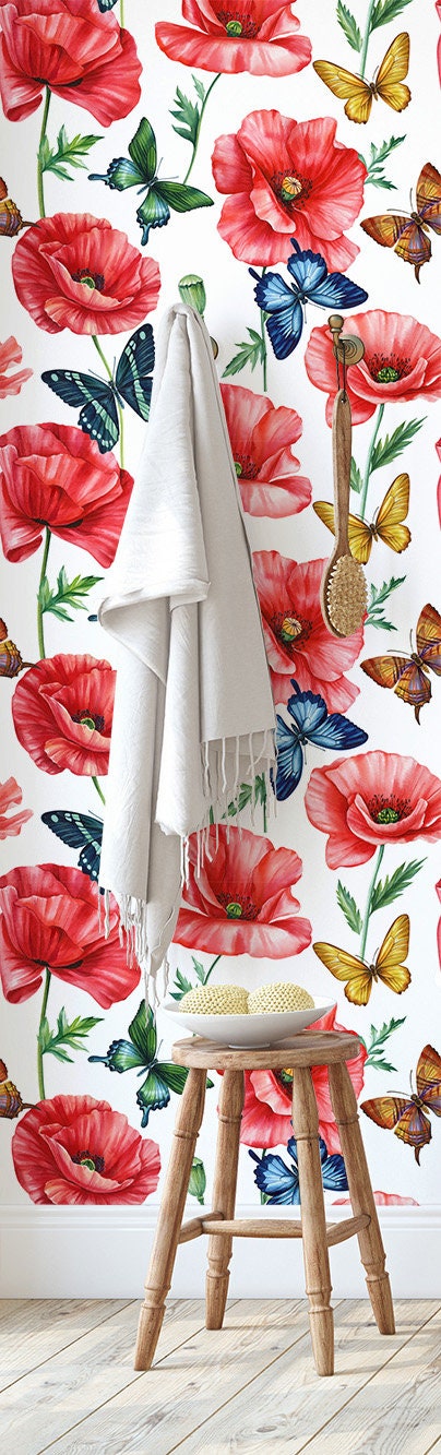 Red Poppy and Butterfly Wallpaper, Floral Watercolor Pattern, Wall ...