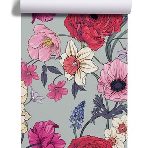 May include: A seamless pattern featuring a variety of flowers in shades of pink, red, and white on a light gray background. The flowers include anemones, daffodils, and ranunculus.