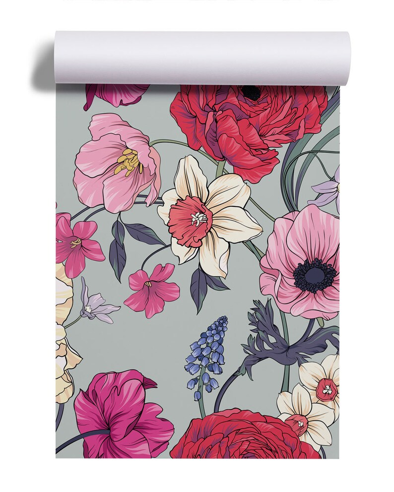 May include: A seamless pattern featuring a variety of flowers in shades of pink, red, and white on a light gray background. The flowers include anemones, daffodils, and ranunculus.