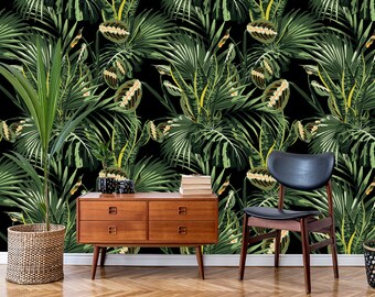 Black wallpaper with tropical leaf pattern | Peel & Stick | Self adhesive | Repositionable, Removable wallpaper