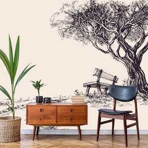 Beige wallpaper with hand drawn tree and bench illustration | Peel & Stick | Self adhesive | Repositionable, Removable wallpaper