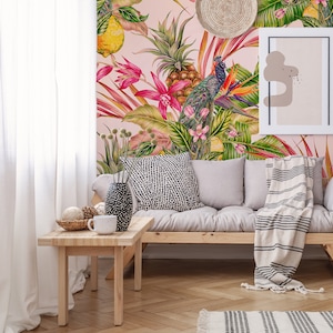 Vintage botanische exotische Dschungeltapete | Abziehen und aufkleben | Selbstklebend | Repositionierbare Tapete | Abnehmbares Wandbild