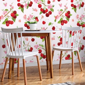 Cherry blossom and fruit wallpaper | Peel and Stick | Self adhesive | Repositionable, Removable wallpaper