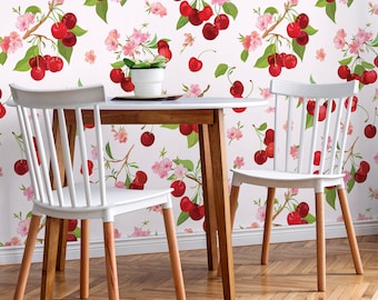 Cherry blossom and fruit wallpaper | Peel and Stick | Self adhesive | Repositionable, Removable wallpaper