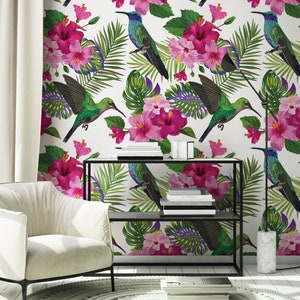 Tropical wallpaper with flowers and hummingbird | Peel and Stick | Self adhesive | Repositionable, Removable wallpaper