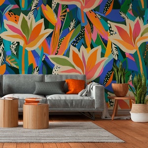 Modern colorful tropical floral wallpaper [Peel and Stick (self adhesive) or Traditional Vinyl Papers]