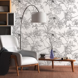 Floral wallpaper, Wall Mural, Black and white Home Decor | Peel & Stick | Self adhesive | Repositionable, Removable wallpaper