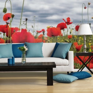 Poppies meadow wall mural, Floral wallpaper | Peel and Stick | Self adhesive | Repositionable, Removable wallpaper