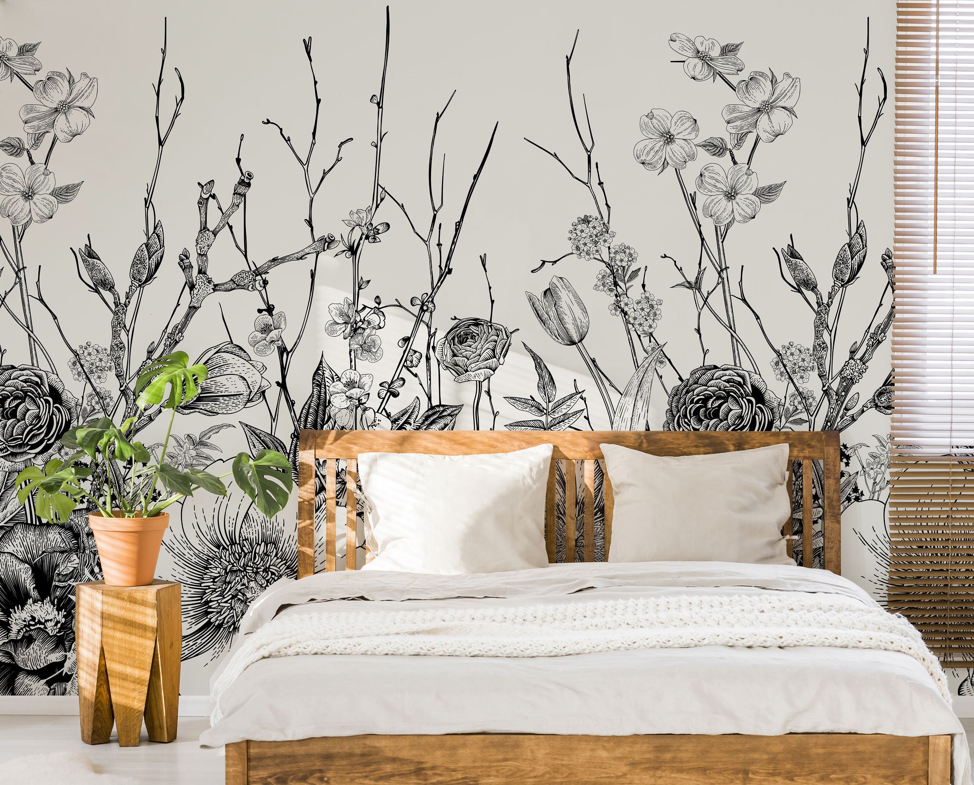 Vintage Botanical Black and White Wallpaper | Self-adhesive