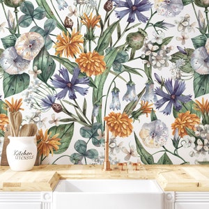 Watercolor floral wallpaper, meadow flowers, botanical wallpaper [Peel and Stick (self adhesive) or Traditional Vinyl Papers]