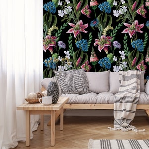Beautiful pink lilies, wild flowers and green leaves | Peel & Stick | Self adhesive | Repositionable wallpaper | Removable wall mural