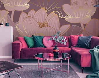 Luxurious wallpaper with gold lotus, flowers, natural pattern | Peel & Stick | Self adhesive | Repositionable, Removable wallpaper