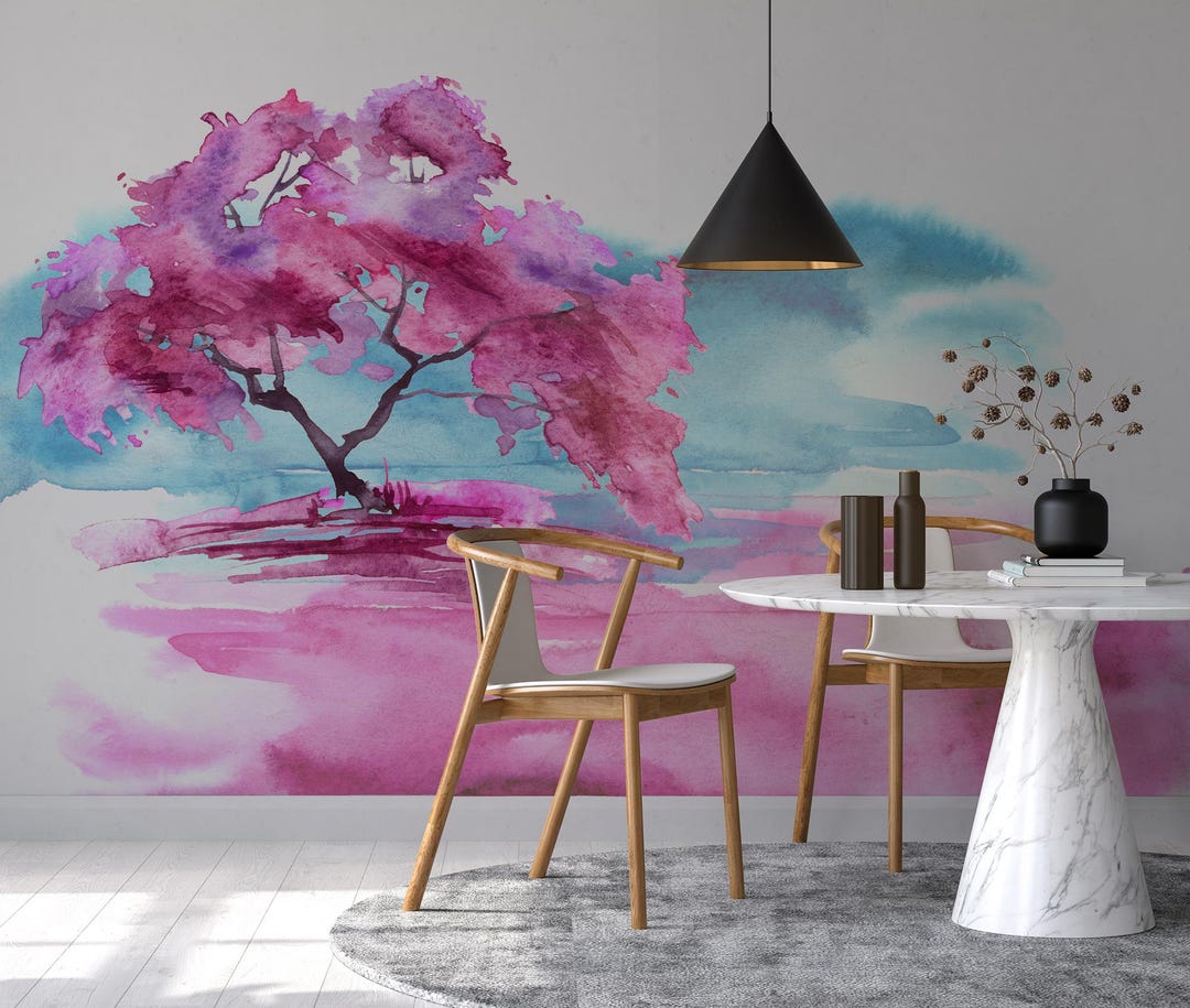 Watercolor Vintage Wallpaper, Pink Cherry Blossom Wall Mural, Floral ...