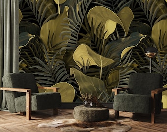 Dark wallpaper with yellow tropical leaves | Peel & Stick | Self adhesive | Repositionable, Removable wallpaper