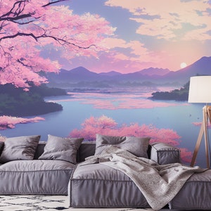 Japan landscape wallpaper, tree and mountain [Peel and Stick (self adhesive) or Traditional Vinyl Papers]