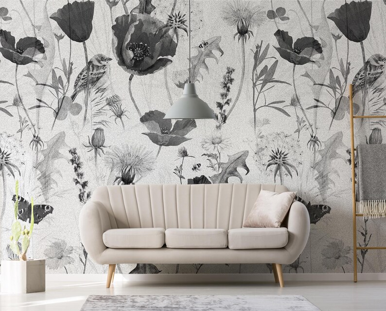 Black and White Botanical Wallpaper, Floral Wall Mural, Floral Home