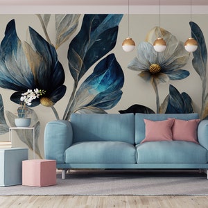 Retro-Blumentapete mit Blättern, botanische Tapete [Abziehen und Aufkleben (selbstklebend) oder traditionelles Vinylpapier]