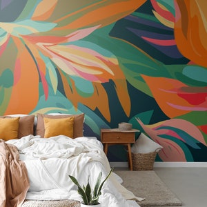 Modern tropical floral wallpaper, blossom wall mural [Peel and Stick (self adhesive) or Traditional Vinyl Papers]