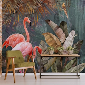 Flamingo and banana leaves Tropical wallpaper | Peel & Stick | Self-adhesive | Repositionable wallpaper | Removable wall mural