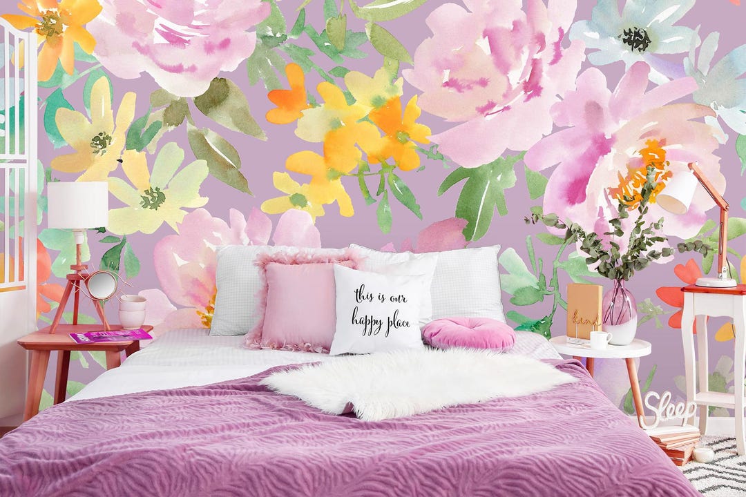 Lilac Pink Watercolor Floral Wallpaper, Colorful Blossom Wall Mural ...
