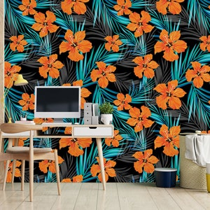 Tropical wallpaper with exotic flowers and palm tree leaves | Peel & Stick | Self adhesive | Repositionable wallpaper | Removable wall mural