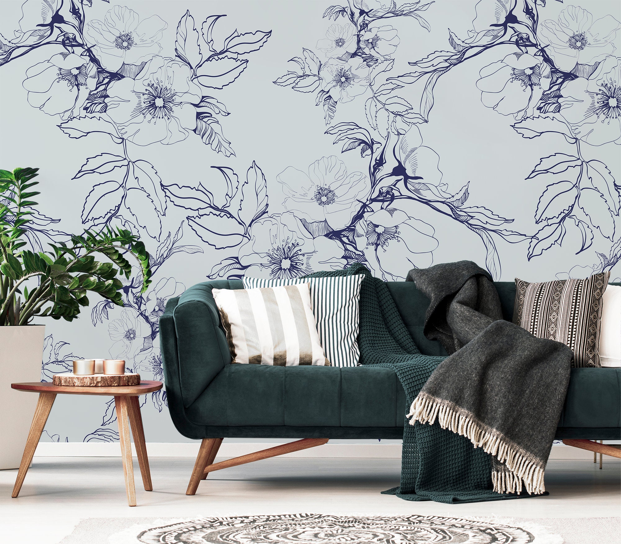 Blue Flowers and Leaves Wallpaper | Peel & Stick | Self Adhesive ...