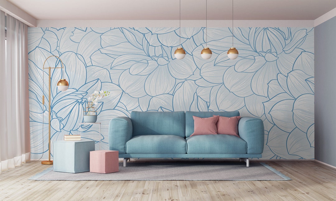 Blue Floral Wall Mural Line Art Flowers Wallpaper Blossom Etsy