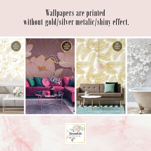May include: Four different wallpaper designs are shown in a collage. Each design features a gold pattern on a white, gray, or purple background. The text "NO GOLD FOIL" is displayed in a circle on each design. The text "Wallpapers are printed without gold/silver metallic/shiny effect." is displayed at the top of the collage.