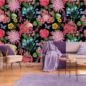 Dark Wallpaper With Colorful Floral Motive Peel & Stick - Etsy