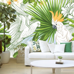 Exotic green wallpaper with parrots | Peel & Stick | Self adhesive | Repositionable, Removable wallpaper