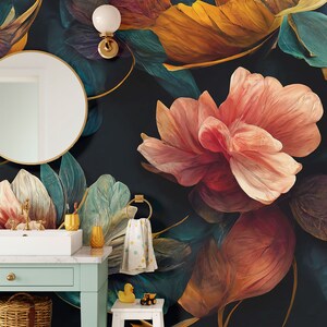 May include: A bathroom with a teal vanity and a black floral wallpaper featuring large, colorful flowers. A white stool with a yellow rubber duck sits in front of the vanity.