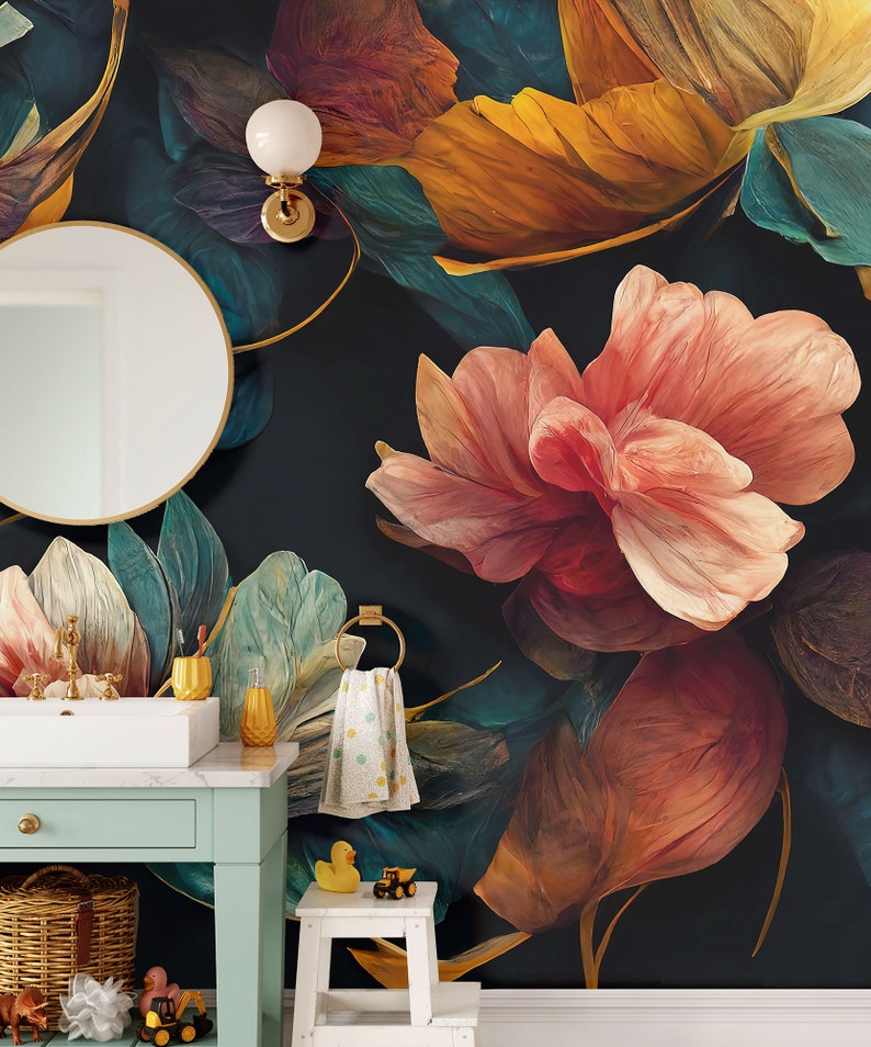 May include: A bathroom with a teal vanity and a black floral wallpaper featuring large, colorful flowers. A white stool with a yellow rubber duck sits in front of the vanity.