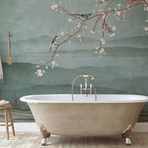 Faded Green Chinoiserie Wallpaper With Blooming Tree and Birds Peel ...