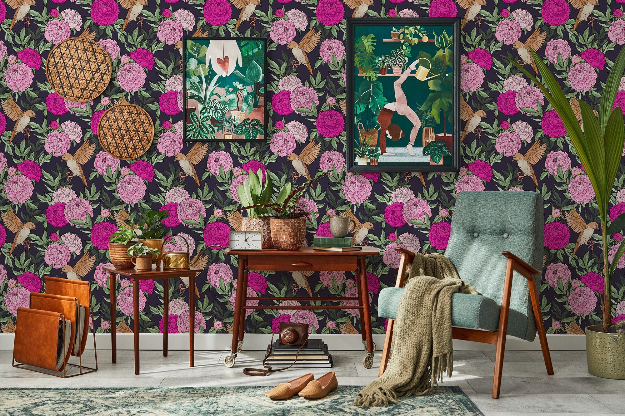 Pink peony and bird wallpaper, wall mural [Peel and Stick (self adhesive) or Traditional Vinyl Papers]