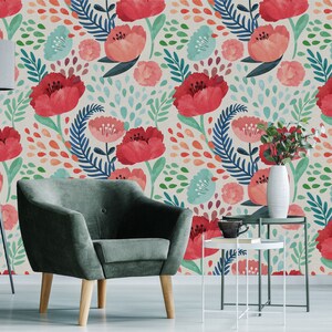 Red Poppy Flowers and Leaves Wallpaper| Peel & Stick | Self Adhesive ...