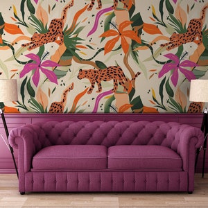 Moderne Tapete mit exotischen Dschungelpflanzen und Leoparden [Abziehen und Aufkleben (selbstklebend) oder traditionelle Vinyltapeten]